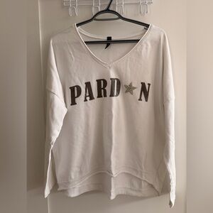 White 'PARDON' V-Neck Sweatshirt with Glitter Star